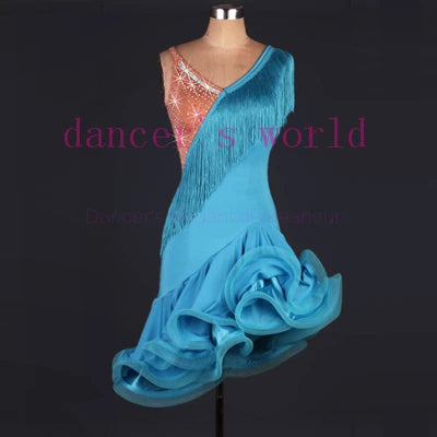 Women's Hot Pink Latin Dance Dress with Fringe, Rhinestones, and Ruffled Skirt