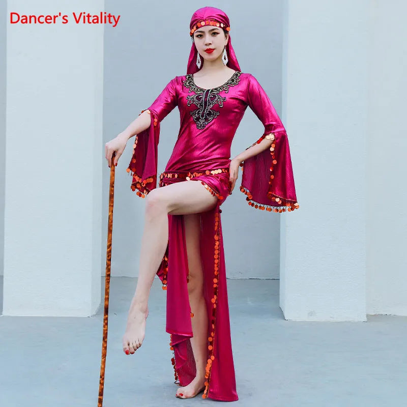 Women's Green Sequin Embroidered Long Sleeve Baladi Said Belly Dance Dress with Headband and Cane