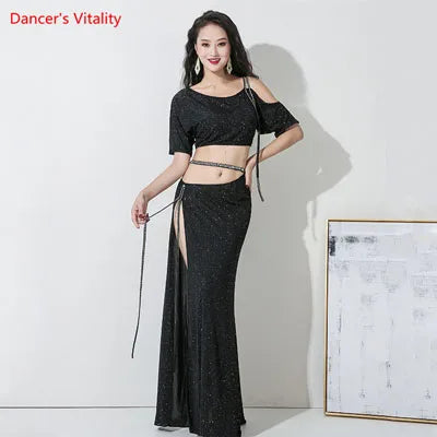 Belly Dance Women's Purple Shimmer Crop Top and High Slit Maxi Skirt Set, Sequin Trim, Performance Costume