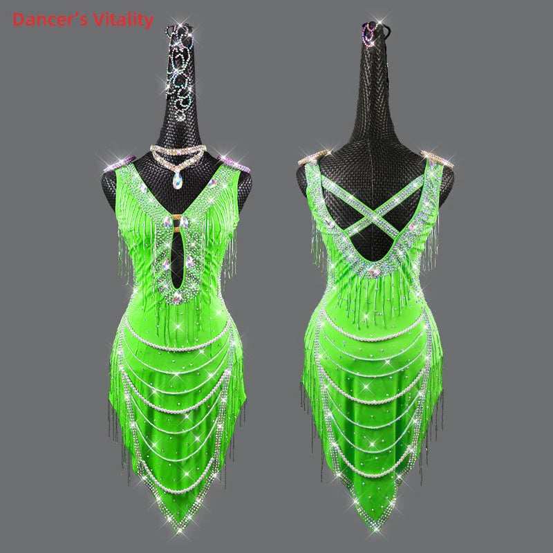 Latin Dance Dress Women's Blue Rhinestone Fringe Pearl Beaded V-Neck Backless Sleeveless Ballroom Salsa Rumba Performance Dress
