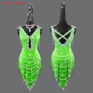 Latin Dance Dress Women's Blue Rhinestone Fringe Pearl Beaded V-Neck Backless Sleeveless Ballroom Salsa Rumba Performance Dress