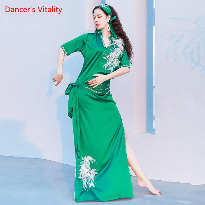 Belly Dance Dress Women Purple Satin Embroidered Kaftan with Slit and Waistband for Oriental Dance