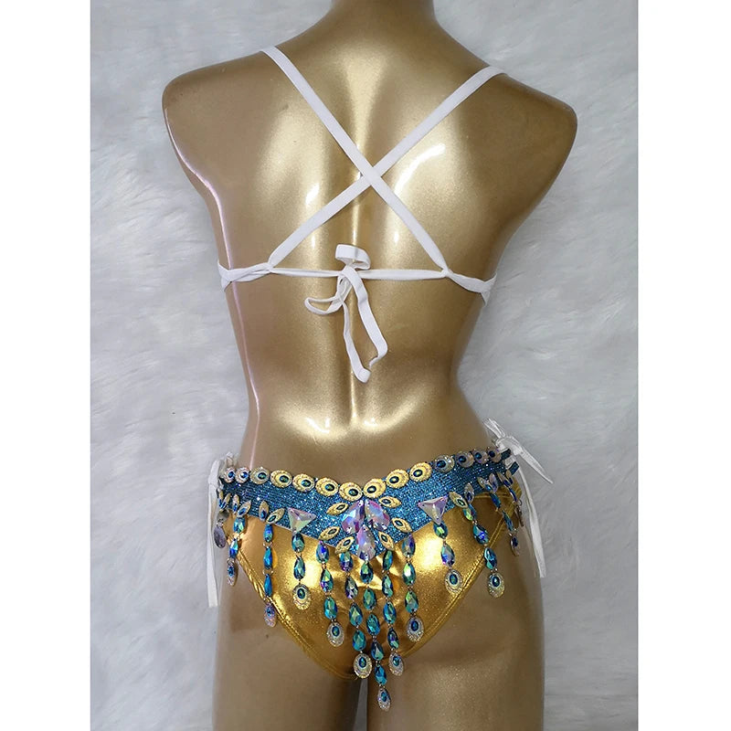 Samba Carnival Wire Bra & belt& Gold Panty Set Hand Made 3Piece Crystal Stone Belly dancing WIRE BRA C027