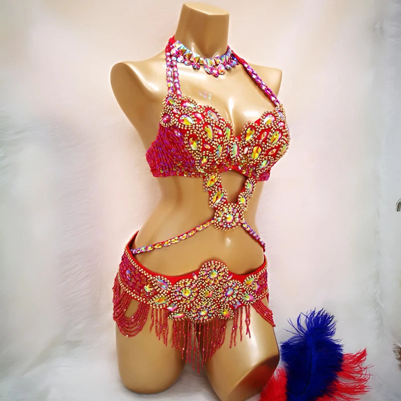 Dance Costume Women's White Iridescent Crystal Beaded Halter Bra and Belt Set with Fringe, Belly Dance