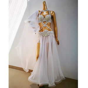 Top quality women belly dance suit bellydance Carnival costume Performance Outfit Bollywood Showgirl bellydance bra&belt&skirt TF1732 White + SK1905