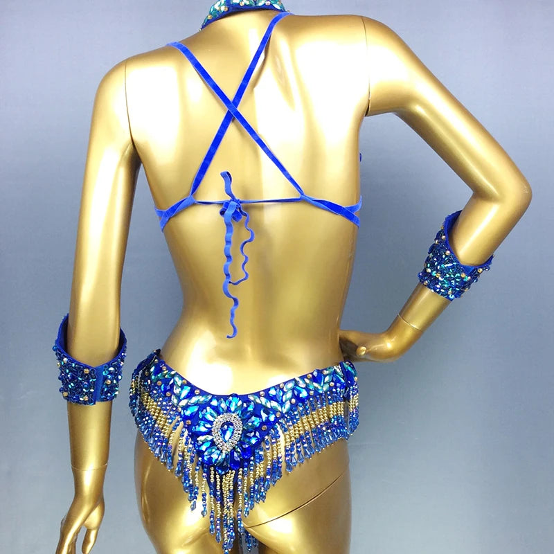 Women's Red Sequin Beaded Fringe Samba Belly Dance Costume Set