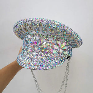 Rhinestone Embellished Military Hat, White, Sparkly Crystal Gemstone Studded, Festival Dance Accessory