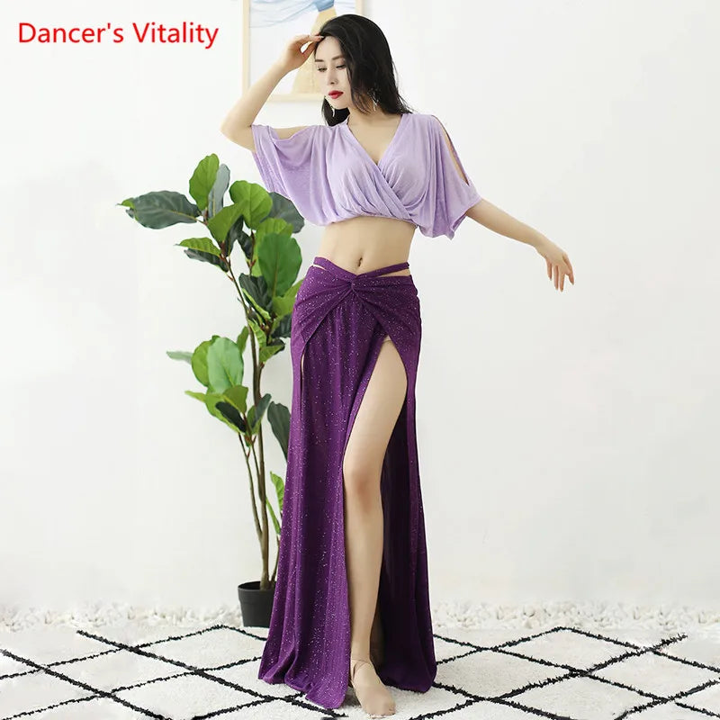 Women's Light Blue Crop Top & Navy Sequin Slit Skirt Belly Dance Costume