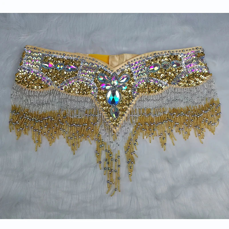 Belly Dance Hip Scarf, Women's Black & Silver Sequin Beaded Fringe Hip Belt, Tribal Dance Skirt