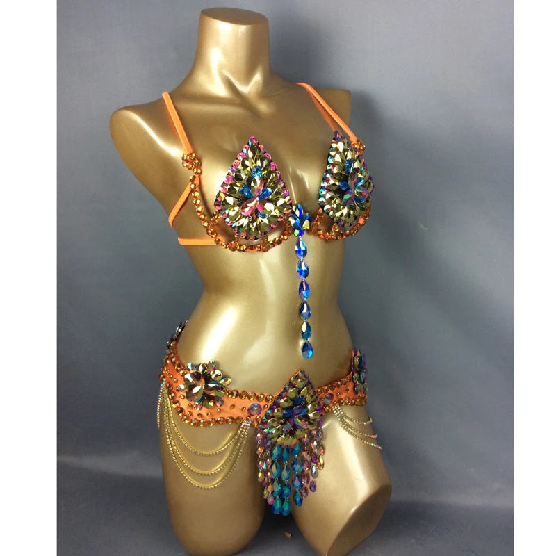 Belly Dance Costume, Women's Orange Sequin Rhinestone Bra and Belt Set with Draping Chains, Samba/Carnival/Burlesque Dancewear