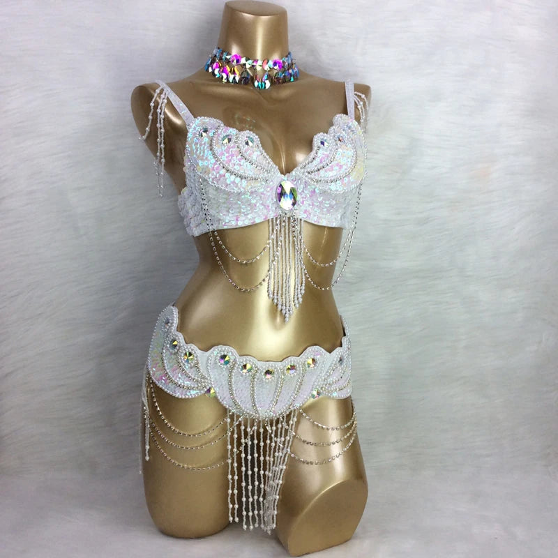 Belly Dance Costume, Women's Red Sequin & Bead Bra and Belt Set with Chains and Iridescent Choker, Performance Wear