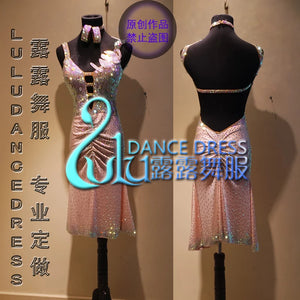 Women's Pink Crystal Embellished Ruched Latin Ballroom Dance Dress