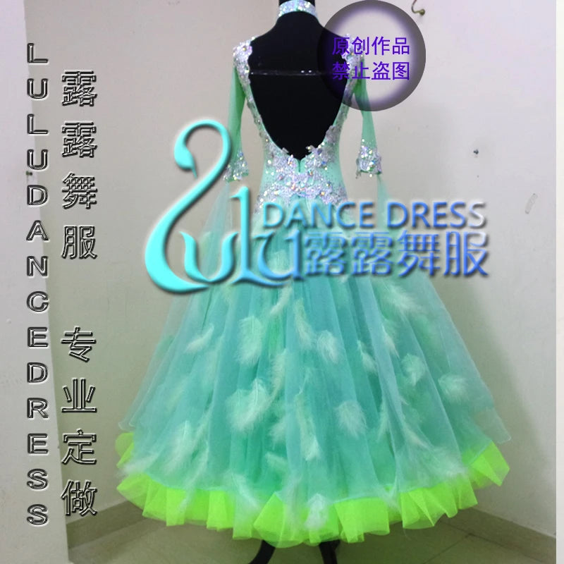 Ballroom Dance Dress Women's Mint Green Beaded Mesh Feather Gown Standard Competition.