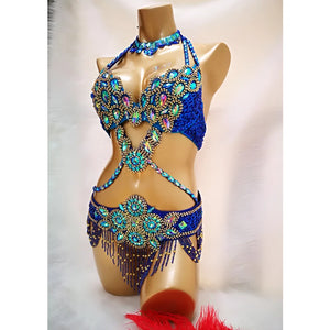Dance Costume Women's White Iridescent Crystal Beaded Halter Bra and Belt Set with Fringe, Belly Dance