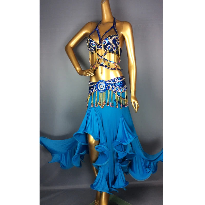 High Quality Sexy Performance Hand Beaded Sequined Belly Dance Samba Costume for Women Lady  navy blue color bra+belt+skirt+neck TF1411