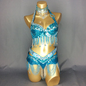 Belly Dance Costume, Women's Black & Silver Beaded Halter Top & Skirt Set, Sequin & Bead Fringe, Performance Wear