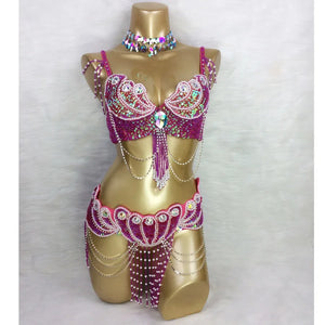 Belly Dance Costume, Women's Red Sequin & Bead Bra and Belt Set with Chains and Iridescent Choker, Performance Wear