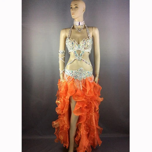 Women's White Sequin & Rhinestone Embellished Halter Neck Belly Dance Costume with Ruffled High-Low Skirt