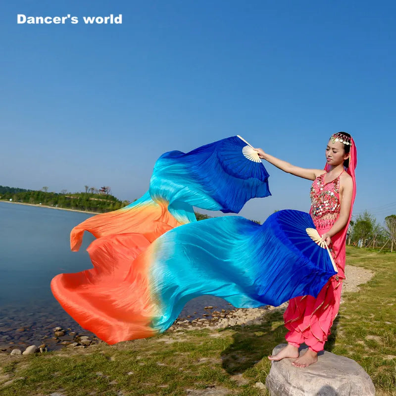 Belly Dance Fan Veils Women's Ombre Silk Bamboo Long Fan Ribs, Belly Dancing Performance Accessory