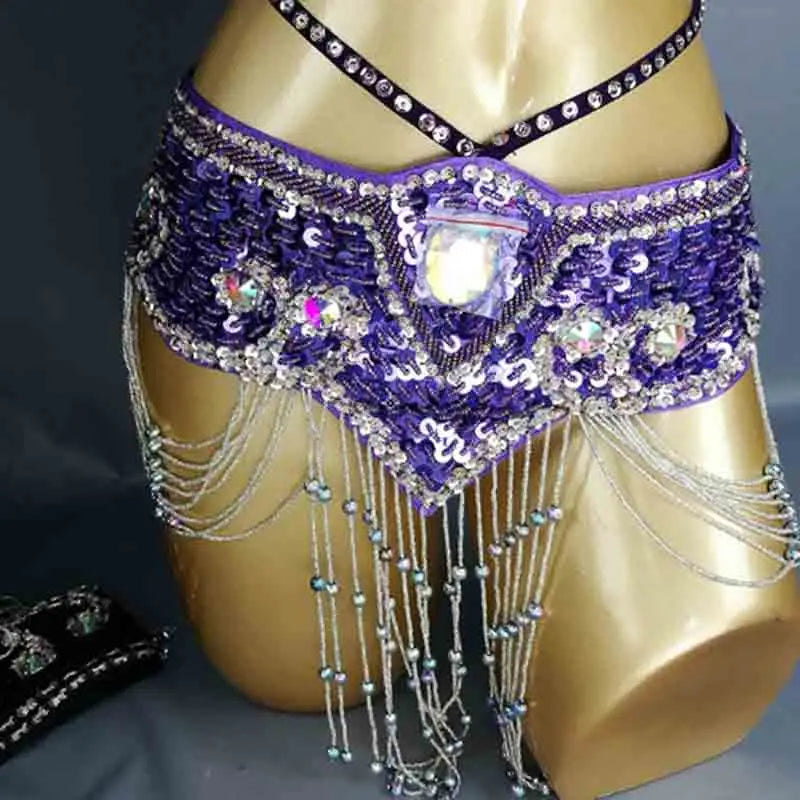 Belly Dance Hip Scarf, Women's Aqua Blue Sequin Beaded Tassel Belt, Professional Performance Costume