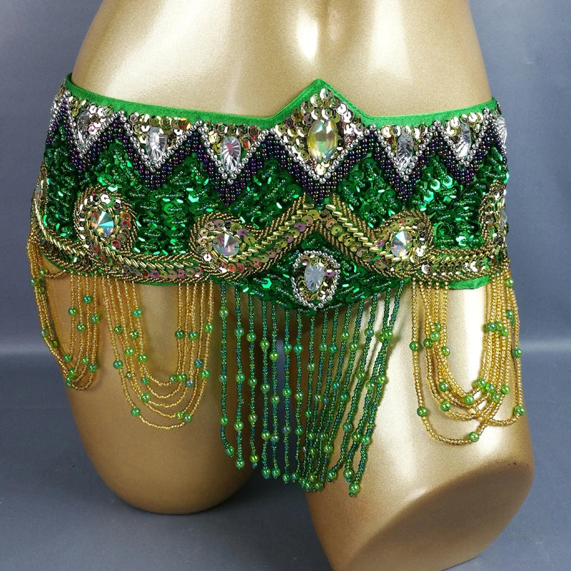 Belly Dance Hip Scarf, Women's Royal Blue Sequin & Bead Embellished Hip Belt with Gold & Iridescent Fringe, Tribal Fusion Dancewear