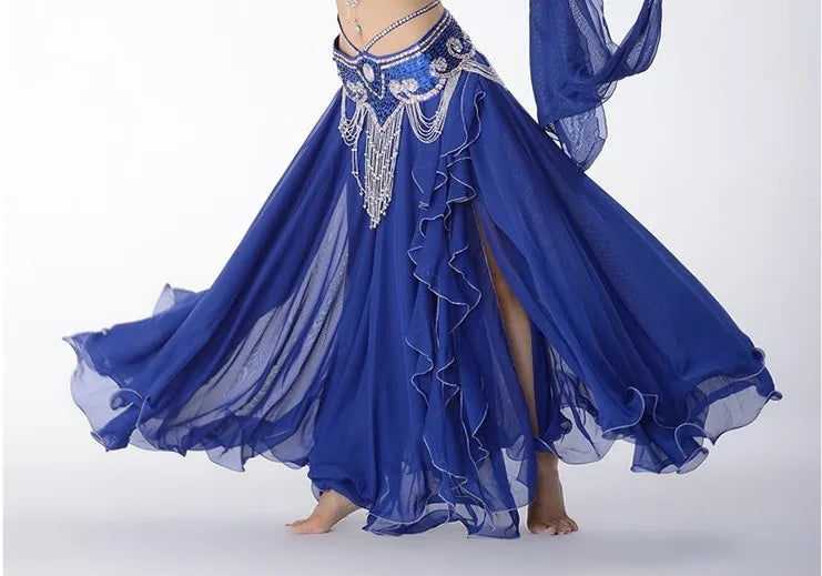 Belly Dance Skirt, Women's Pink Chiffon Ruffle Tiered Maxi Skirt, Flowy Tribal Dancewear