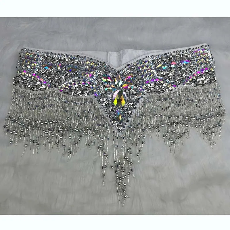 Belly Dance Hip Scarf, Women's Black & Silver Sequin Beaded Fringe Hip Belt, Tribal Dance Skirt
