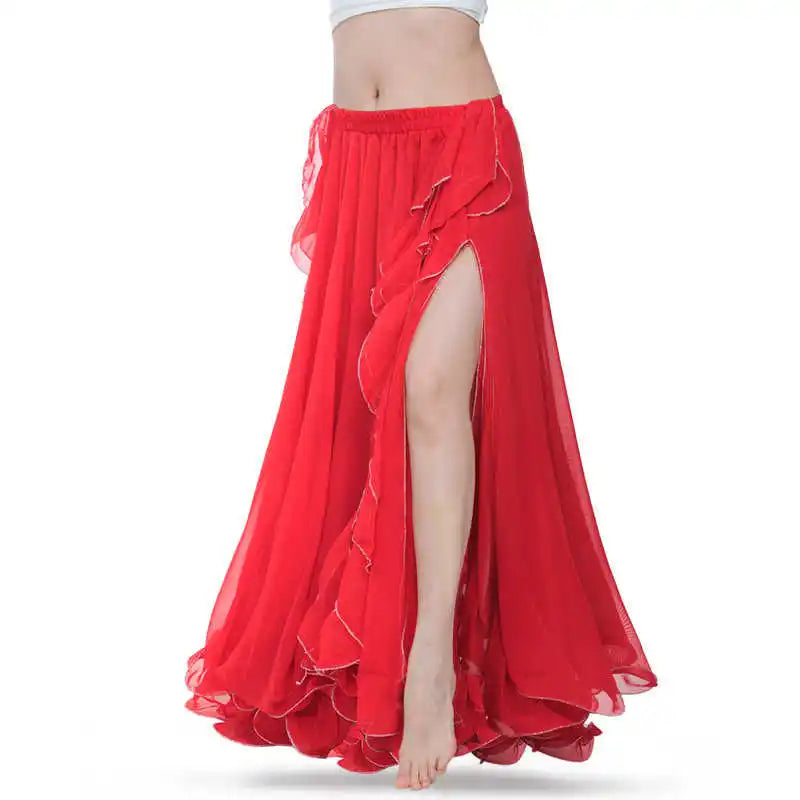 Belly Dance Skirt, Women's Royal Blue Chiffon Ruffle High Slit Maxi Skirt, Belly Dancing Performance Apparel