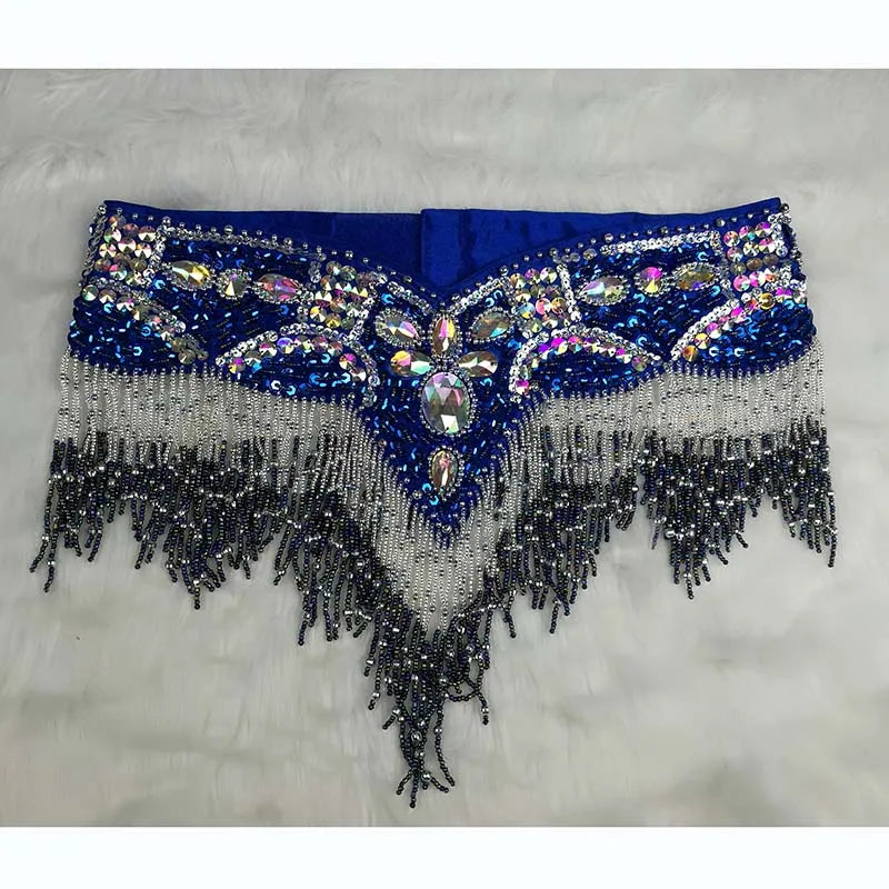 Belly Dance Hip Scarf, Women's Black & Silver Sequin Beaded Fringe Hip Belt, Tribal Dance Skirt