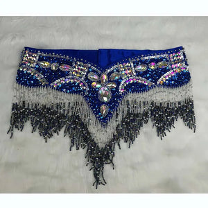 Belly Dance Hip Scarf, Women's Black & Silver Sequin Beaded Fringe Hip Belt, Tribal Dance Skirt
