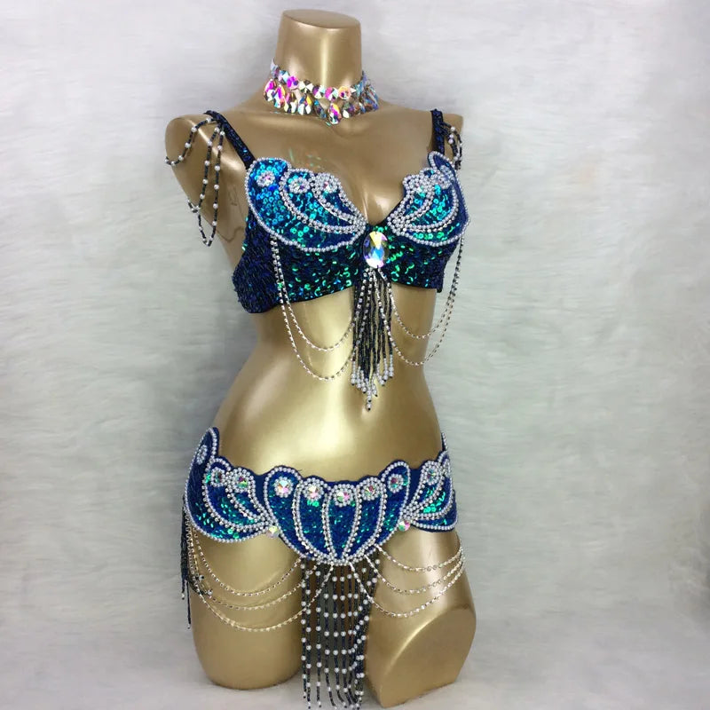 Belly Dance Costume, Women's Turquoise Sequin Beaded Chiffon Bra and Belt Set with Rhinestone Choker