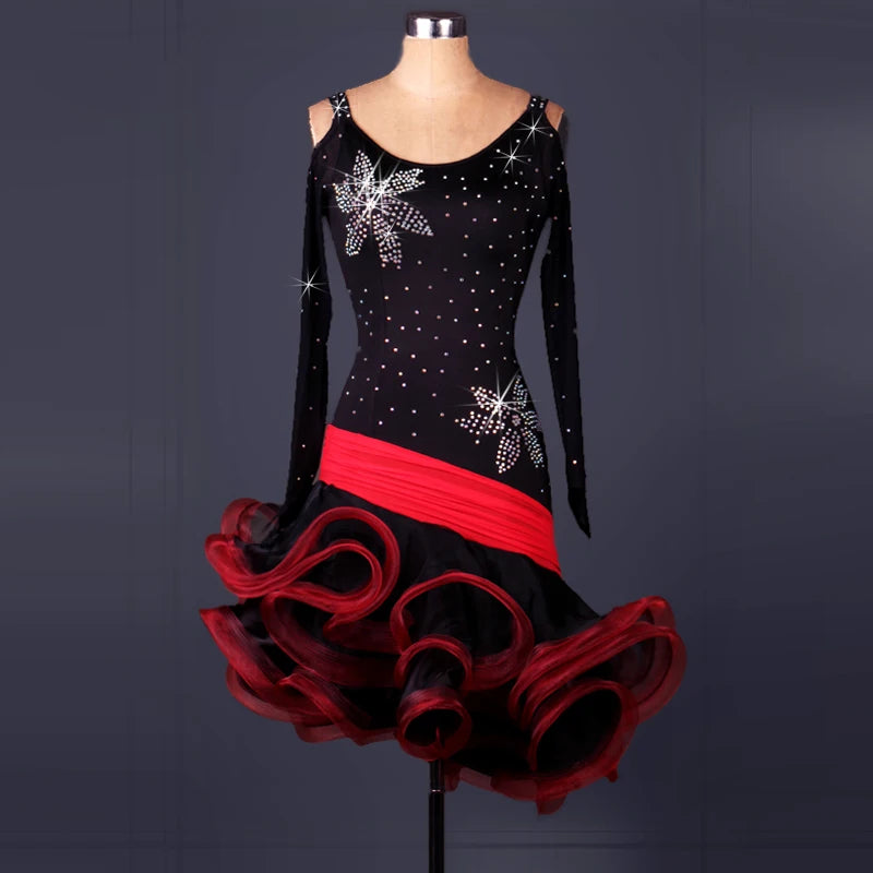 Women's Black & Red Rhinestone Latin Dance Dress, Long Sleeve, Ruffled Skirt, Ballroom Samba Salsa