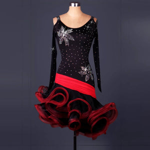Women's Black & Red Rhinestone Latin Dance Dress, Long Sleeve, Ruffled Skirt, Ballroom Samba Salsa