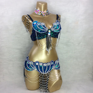 Belly Dance Costume, Women's Red Sequin & Bead Bra and Belt Set with Chains and Iridescent Choker, Performance Wear