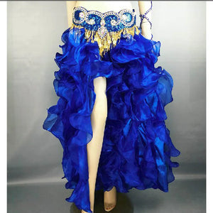 Belly Dance Skirt Women Orange Beaded Sequin Hip Scarf Ruffled Organza Slit Skirt Tribal Fusion Costume