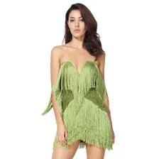 Women's Green Fringe Mini Dress Sexy Off the Shoulder V-Neck Strapless Bodycon Bandage Dress