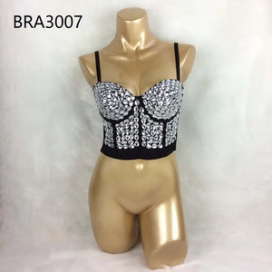 New Sexy Women's Punk Style Beaded Party Club Bra Black Push Up Diamond Rave Studded Bra Nightclub Costumes Bras Clubwear bra3007