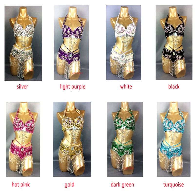 Belly Dance Costume, Women's Gold Sequin & Rhinestone Halter Bra & Hip Scarf Set with Beaded Fringe, Professional Performance Wear