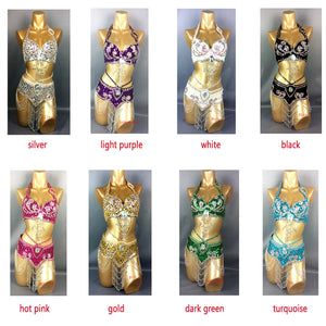 Belly Dance Costume, Women's Gold Sequin & Rhinestone Halter Bra & Hip Scarf Set with Beaded Fringe, Professional Performance Wear