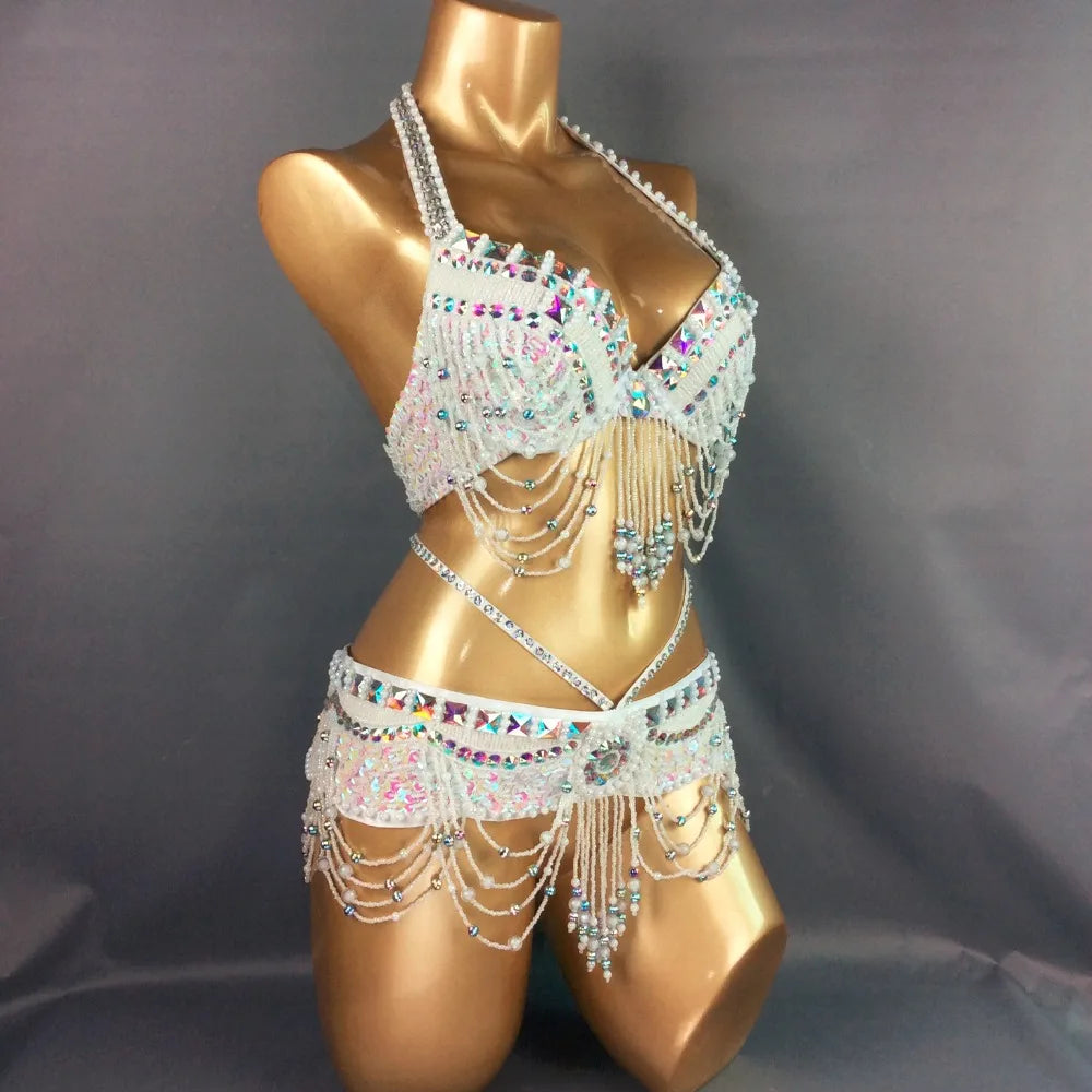Belly Dance Costume Women's White Beaded Halter Bra and Belt Set with Iridescent Sequins and Dangling Chains