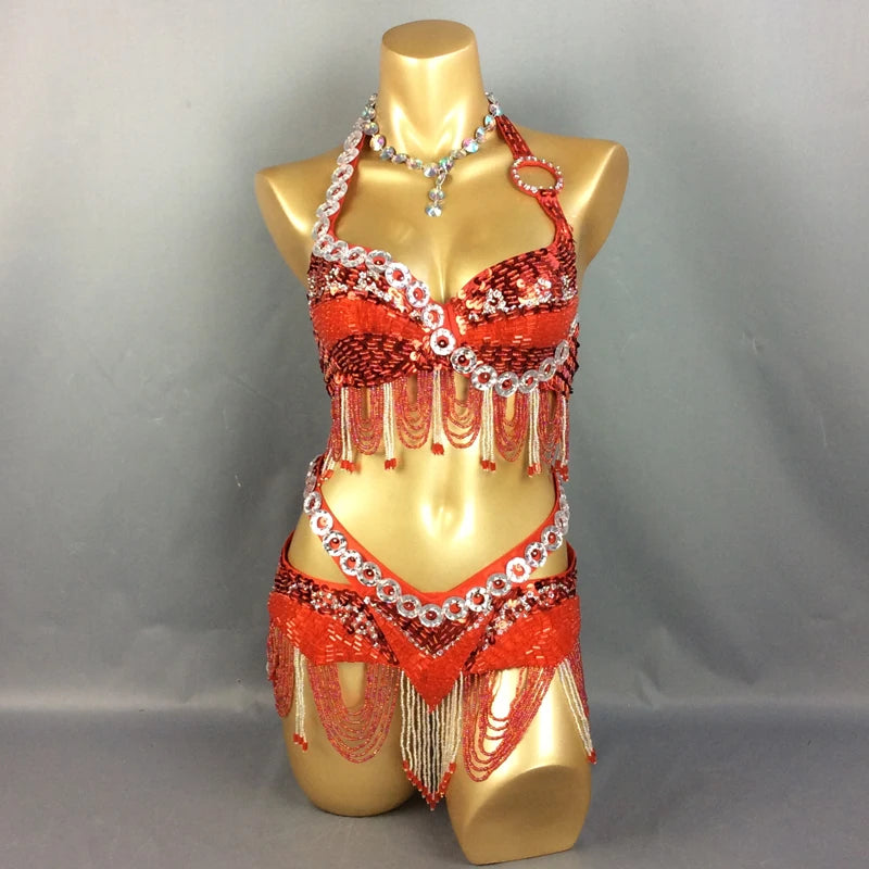 Belly Dance Costume, Women's Black & Silver Beaded Halter Top & Skirt Set, Sequin & Bead Fringe, Performance Wear