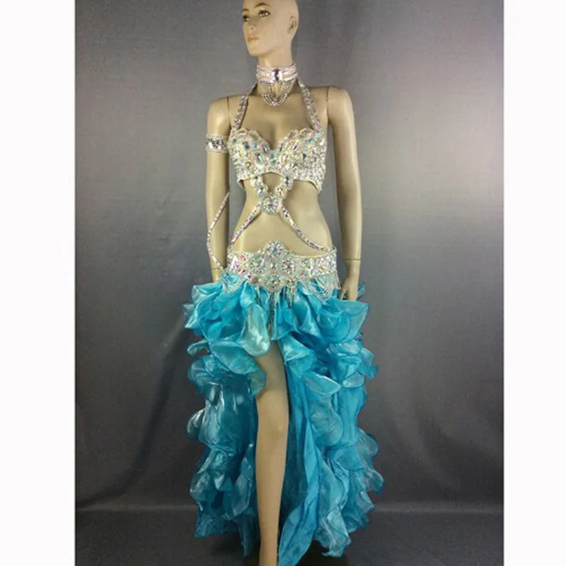 Women's White Sequin & Rhinestone Embellished Halter Neck Belly Dance Costume with Ruffled High-Low Skirt