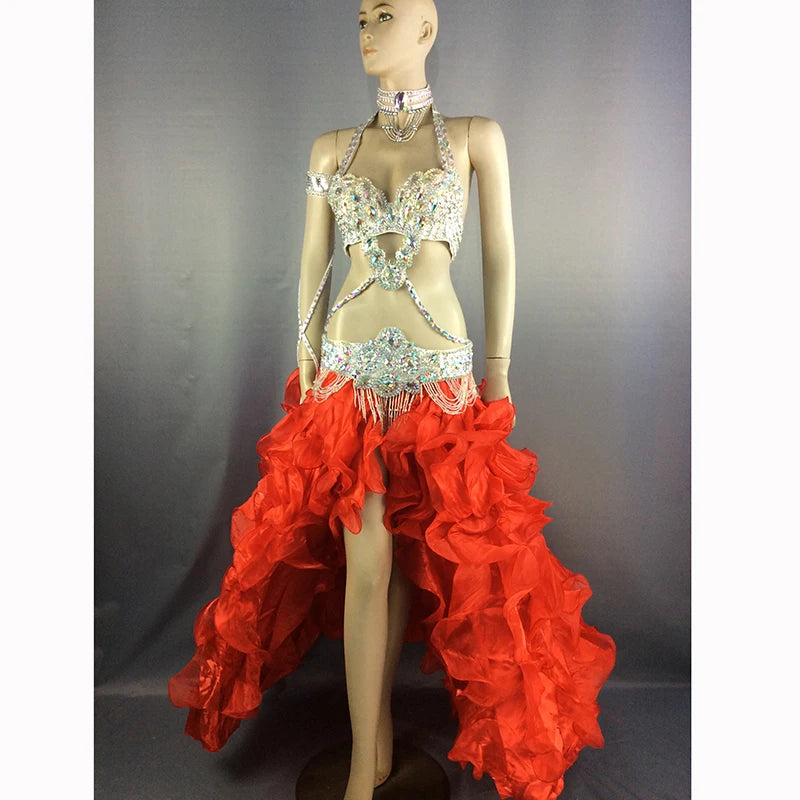 Women's White Sequin & Rhinestone Embellished Halter Neck Belly Dance Costume with Ruffled High-Low Skirt