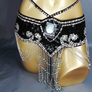 Belly Dance Hip Scarf, Women's Aqua Blue Sequin Beaded Tassel Belt, Professional Performance Costume