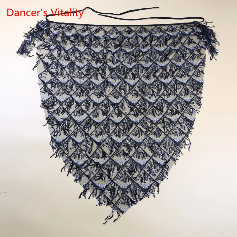 Belly Dance Skirt Women's Gold Sequin Mesh Asymmetrical Hip Scarf with Fringe Tassels, Latin Rumba Performance Wrap