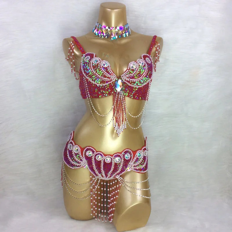 Belly Dance Costume, Women's Red Sequin & Bead Bra and Belt Set with Chains and Iridescent Choker, Performance Wear