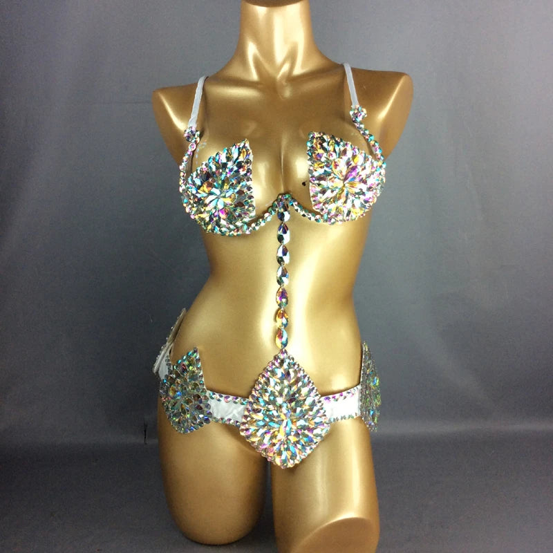 Samba Carnival Bra Belt Rainbow Stone bra and belt Handmade wire bra C011-2 free shipping