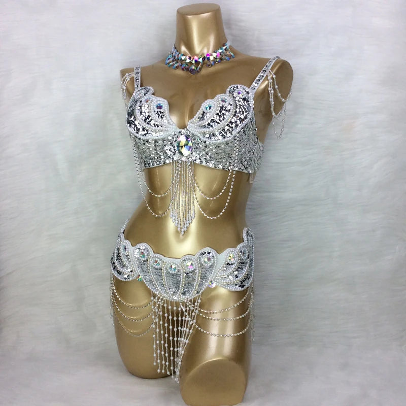 Belly Dance Costume, Women's Turquoise Sequin Beaded Chiffon Bra and Belt Set with Rhinestone Choker