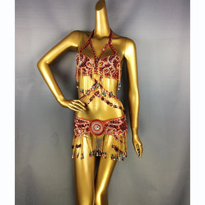 Women's Beaded Belly Dance Costume Top Bar+Belt 2pcs Set Bellydance Clothes Sexy Night Stage Dancewear Carnival Costume TF1411