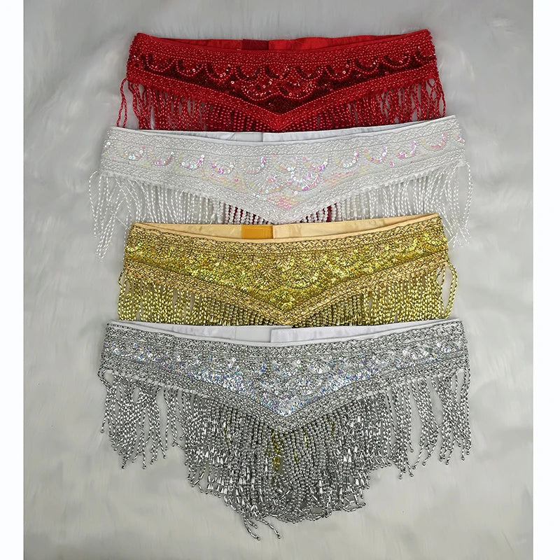 Belly Dance Hip Scarf, Women's Red Beaded Sequin Fringe Tassel Skirt, Latin Dance Costume Accessory